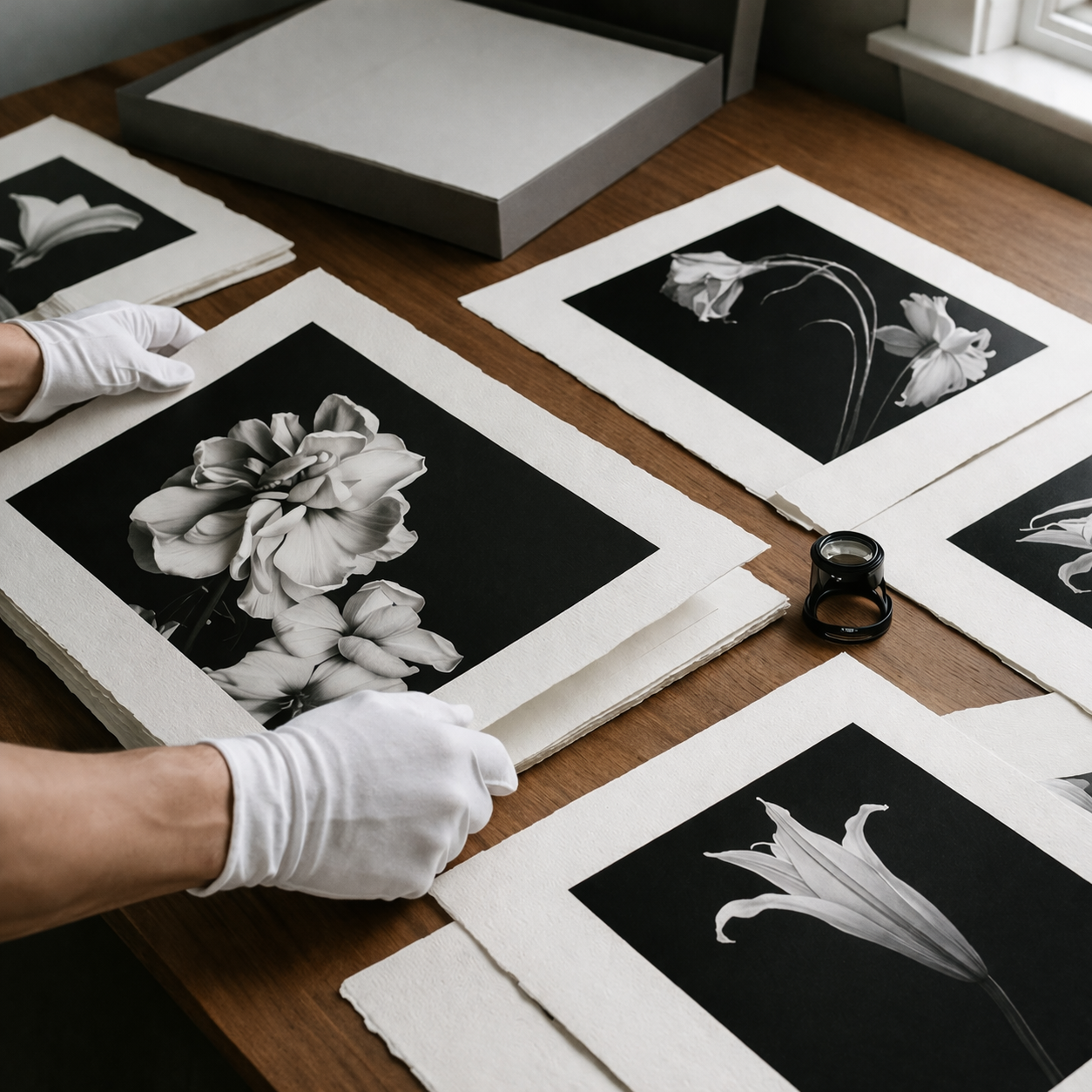 Fine art baskı hazırlığı — eldivenli ellerle siyah-beyaz baskılar
